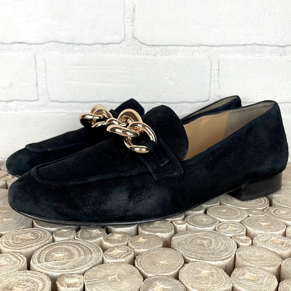 Talbots Cassidy Gold Chainlink Black Suede Loafer 7.5